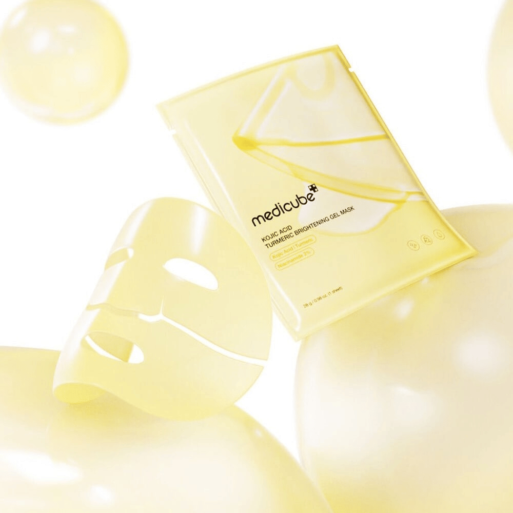 Medicube Kojic Acid Turmeric Brightening Gel Mask – radiance-boosting gel mask with kojic acid and turmeric, visible in a transparent sheet mask and yellow packaging.
