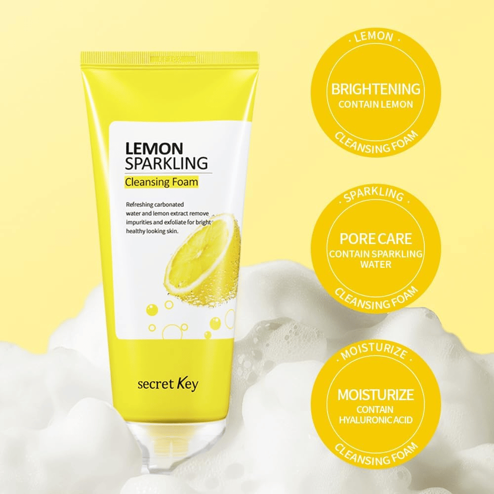 Secret Key Lemon Sparkling Cleansing Foam – foaming face wash that cleanses pores, hydrates with hyaluronic acid, and brightens the skin.