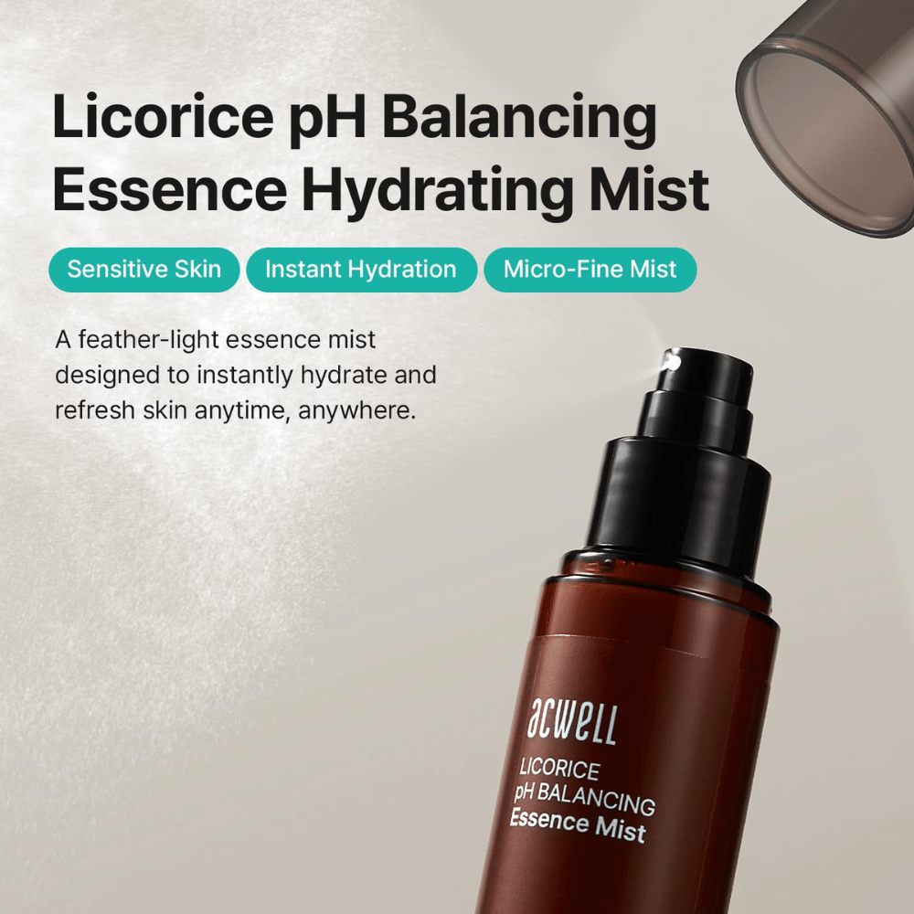 Acwell Licorice pH Balancing Essence Mist with a focus on sensitive skin, intensive hydration, and microfine spray technology. Refreshing essence mist that moisturizes the skin anytime during the day.