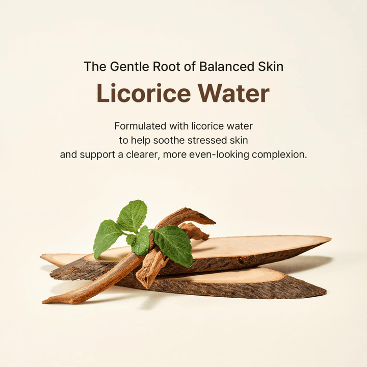 Licorice root and green leaves illustrate the key ingredient in Acwell Licorice pH Balancing Essence Mist. Licorice water helps soothe stressed skin and contribute to a more even skin tone.