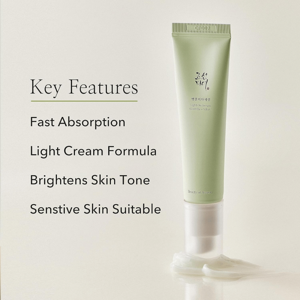 Beauty of Joseon Light On Serum with Centella and vitamin C, shown standing with squeezed-out product cream at the bottom. Key features listed beside: fast absorption, light cream formula, skin tone enhancing, and suitable for sensitive skin.