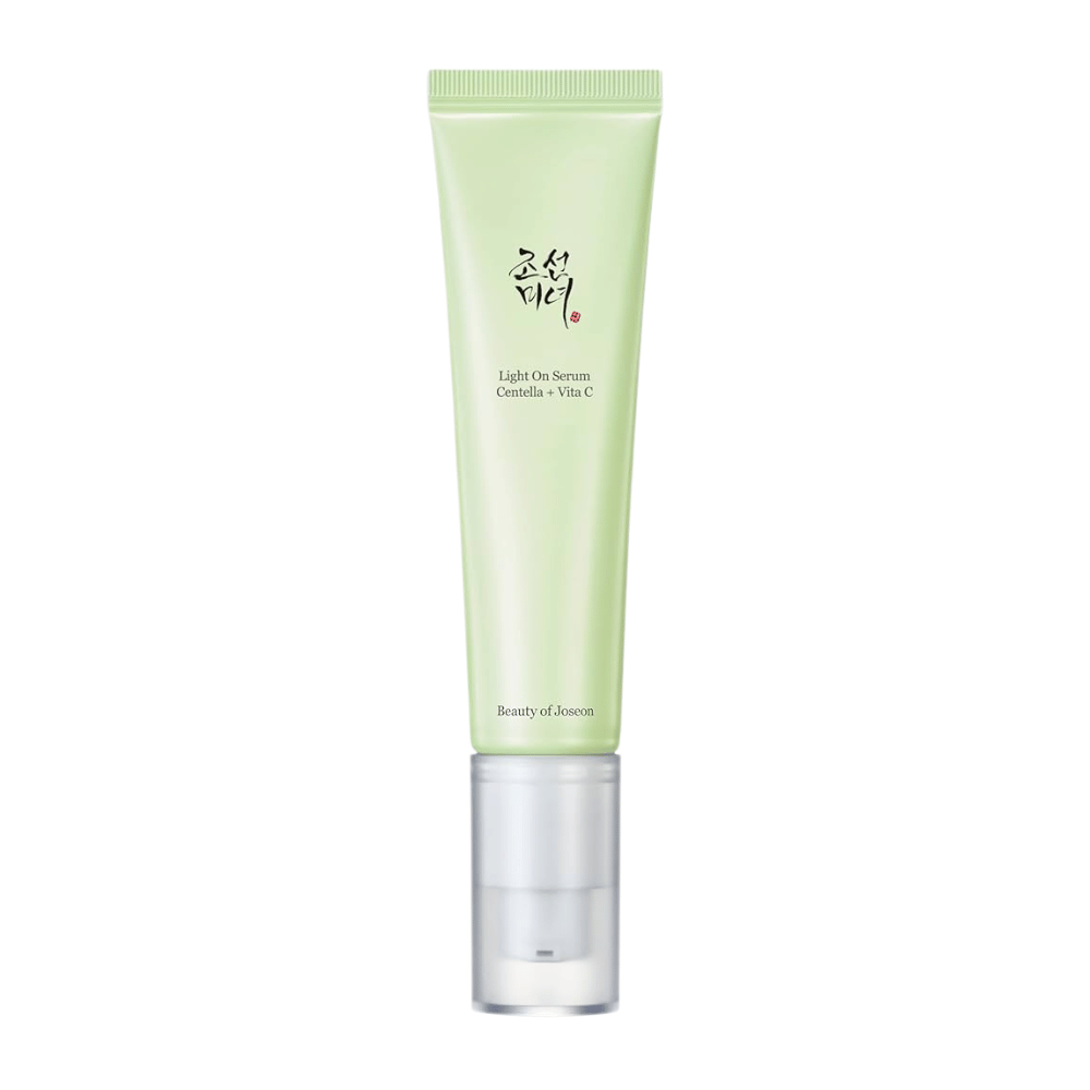 Beauty of Joseon Light On Serum in a light green tube with a pump, containing Centella and vitamin C for radiant skincare.