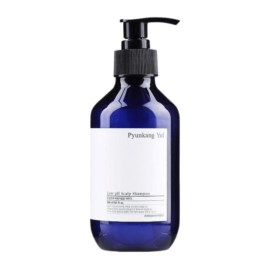 Clean cut-out product image of Pyunkang Yul Low pH Scalp Shampoo in a blue bottle with a pump and minimalist design.