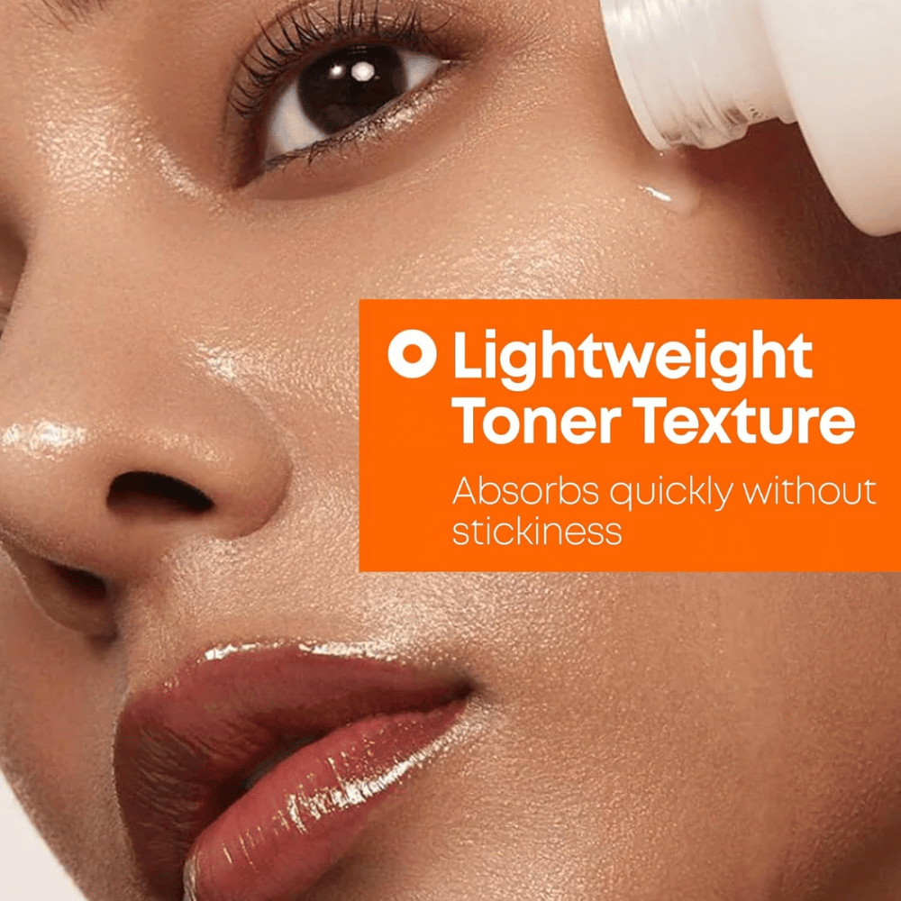 3. NINE LESS MELA-PRO Rice & TXA Toner – model with moisturized skin showing the toner's light texture and quick absorption