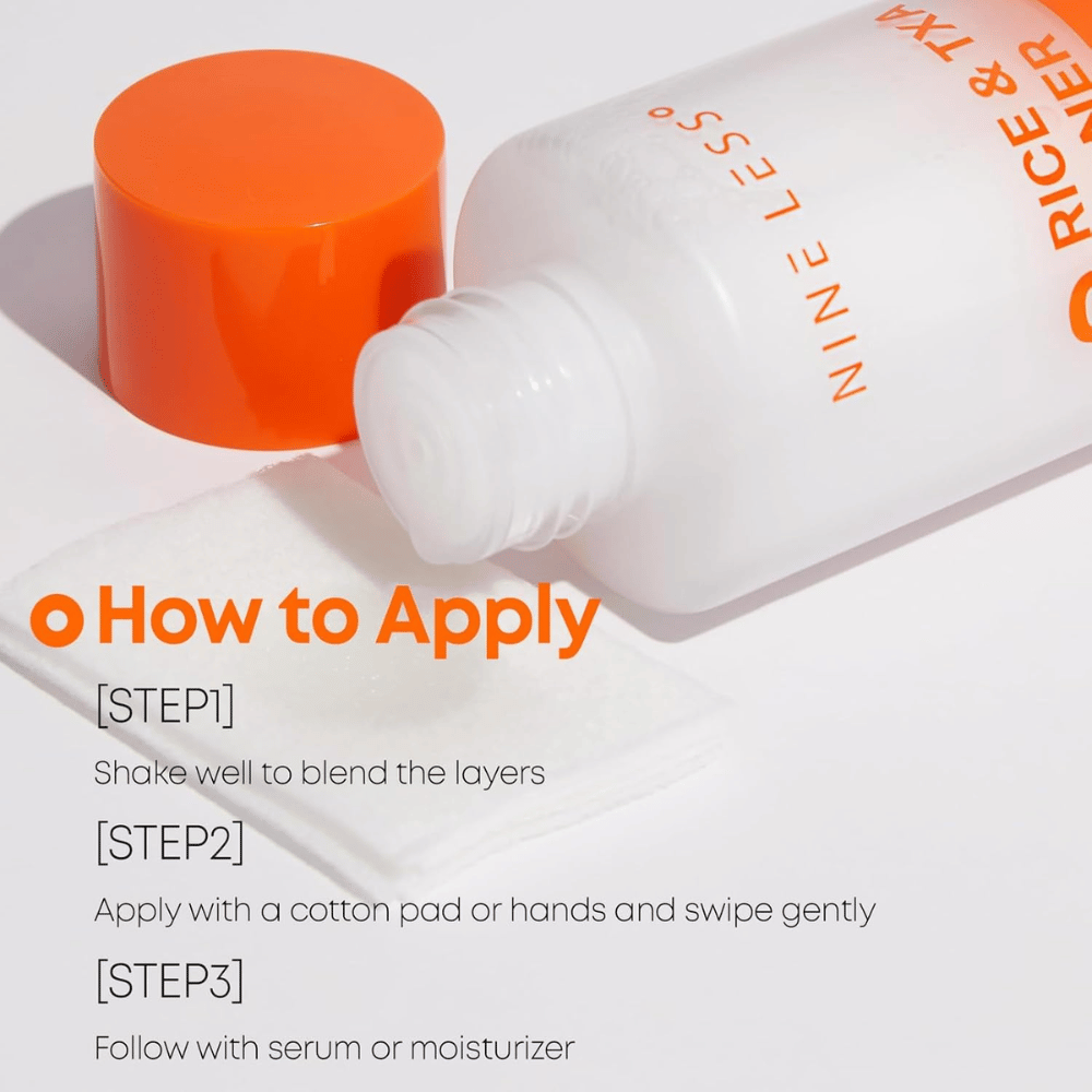 1. NINE LESS MELA-PRO Rice & TXA Toner – instructions for use for facial toner: shake before application with a cotton pad or hands