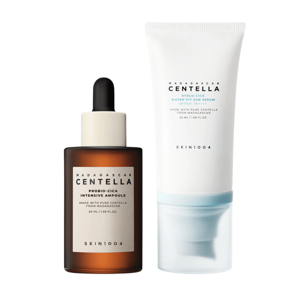 Two skincare products from SKIN1004 are shown: an ampoule and a sunscreen serum, both containing centella from Madagascar.