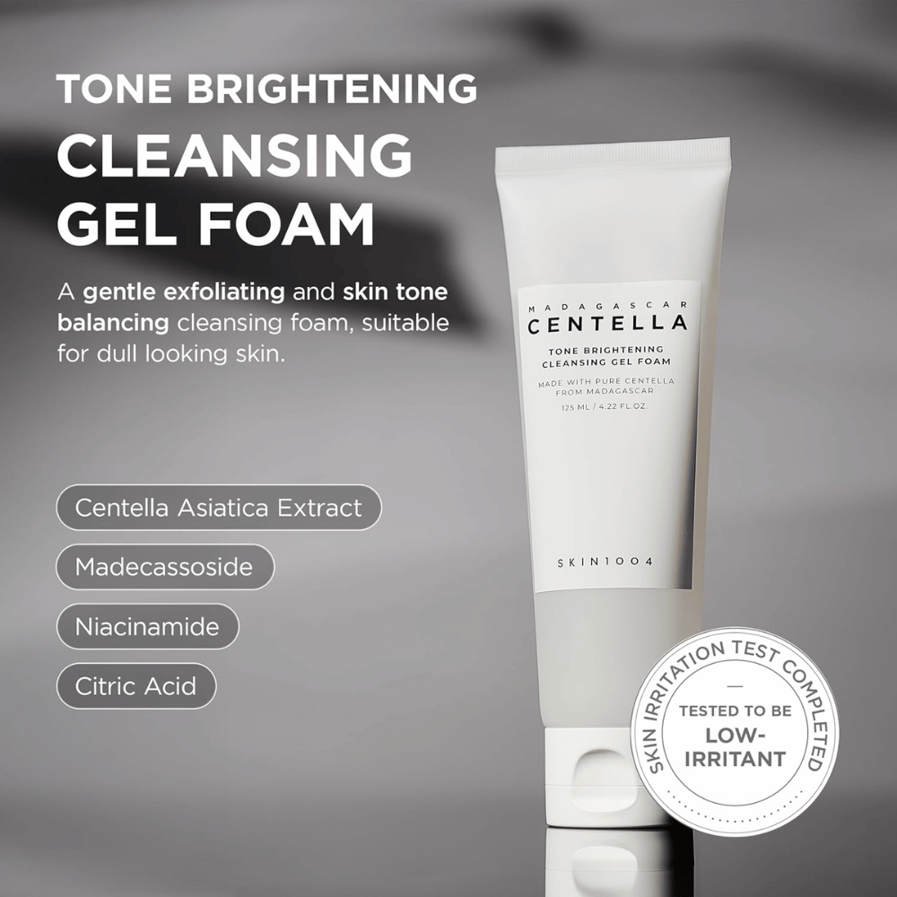 Informational image presenting the cleansing gel's key features. The focus is on gentle cleansing, hydration, and a soft gel-to-foam formula that cleanses the skin without feeling drying.
