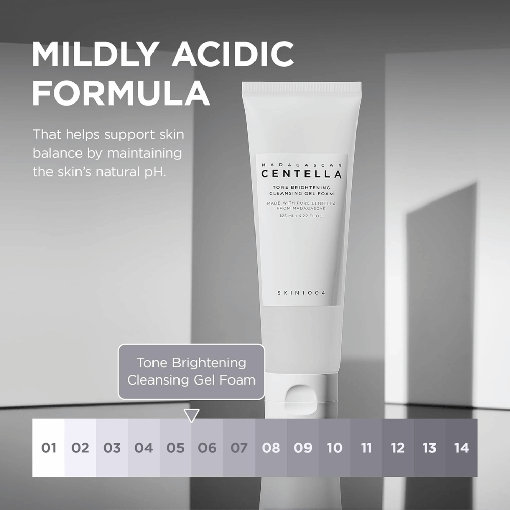 Informational image describing the product's mildly acidic (low pH) formula. The image emphasizes how the cleanser helps preserve the skin's natural balance while cleansing the skin effectively.