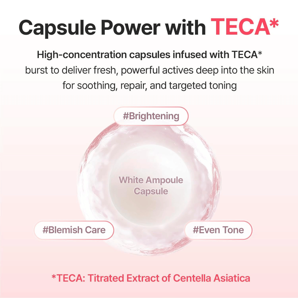 Ingredient image showing ampoule capsules enriched with TECA (Centella Asiatica extract) to help provide radiance, a more even skin tone, and care for pigmentation spots.