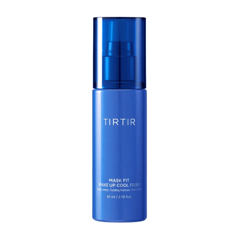 A blue spray bottle with "TIRTIR Mask Fit Make Up Cool Fixer" on the label. The bottle's design is elegant and modern, and it contains 80 ml (2.70 fl. oz.) of a product that offers a long-lasting and refreshing finish for makeup.