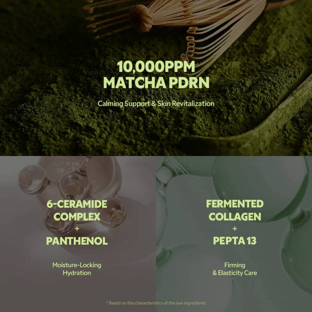 Matcha PDRN 10,000 ppm in TIRTIR Matcha Calming Cream that soothes irritation, strengthens the skin, and provides a revitalizing effect.