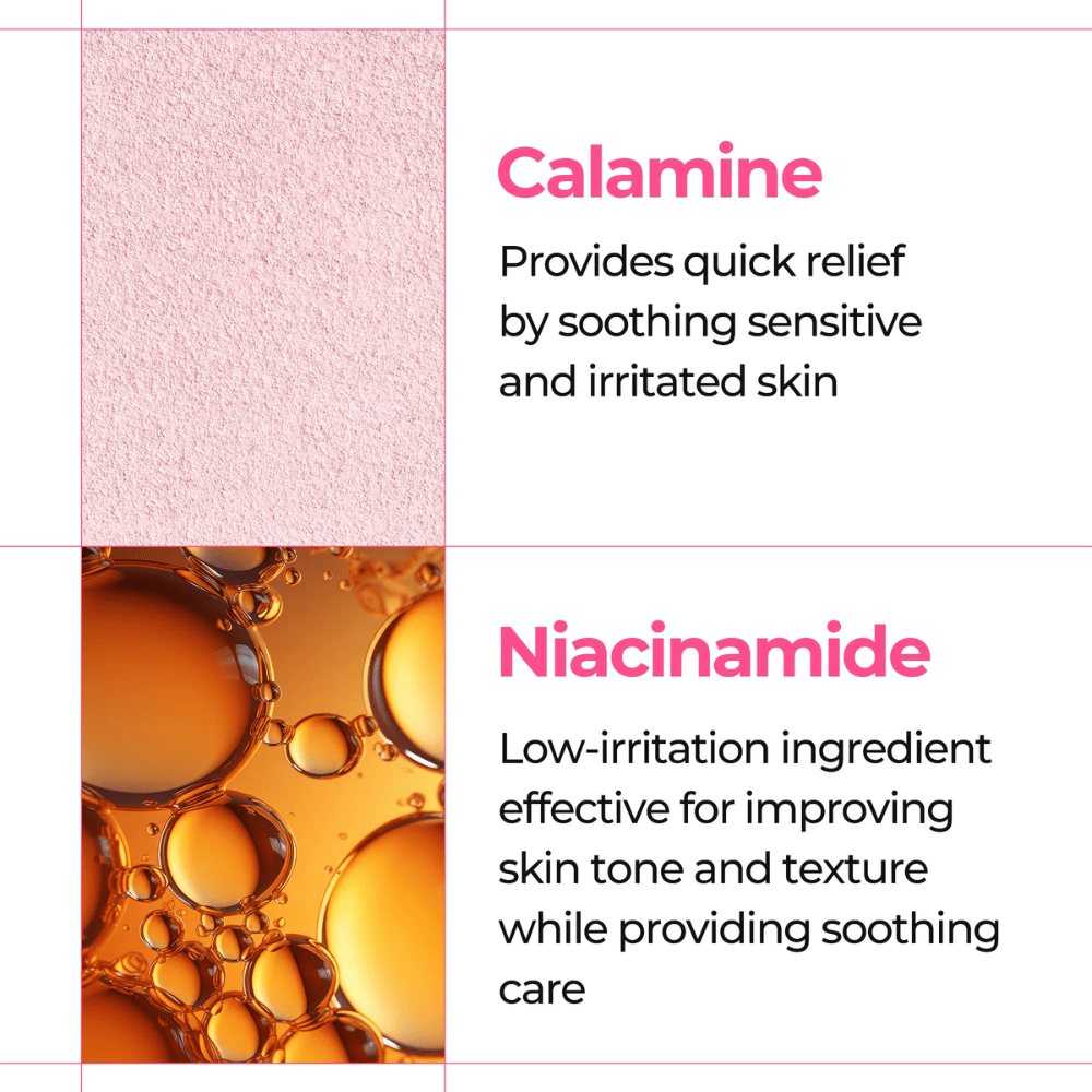 Close-up of calamine and niacinamide soothing sensitive skin in Dr. Melaxin Melting Cleanser