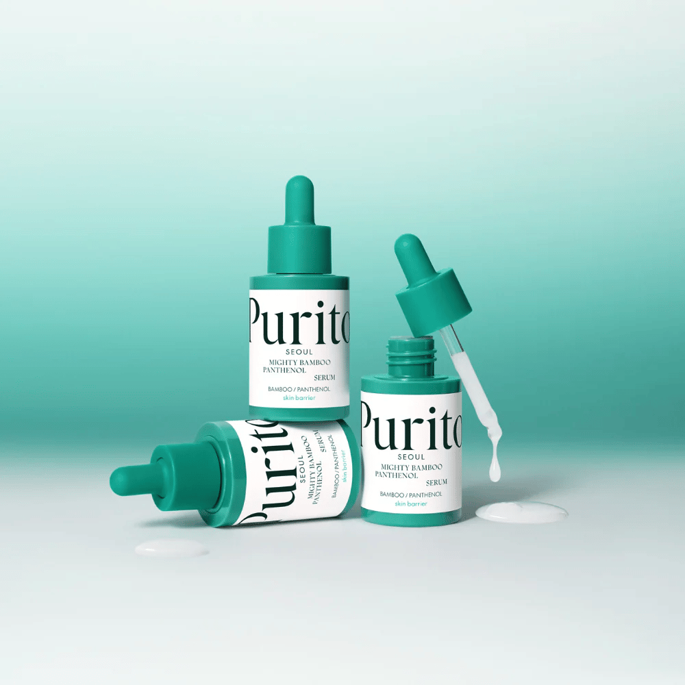 Three bottles Purito Mighty Bamboo Panthenol Serum – moisturizing serum that strengthens the skin barrier and provides a fresh glow.