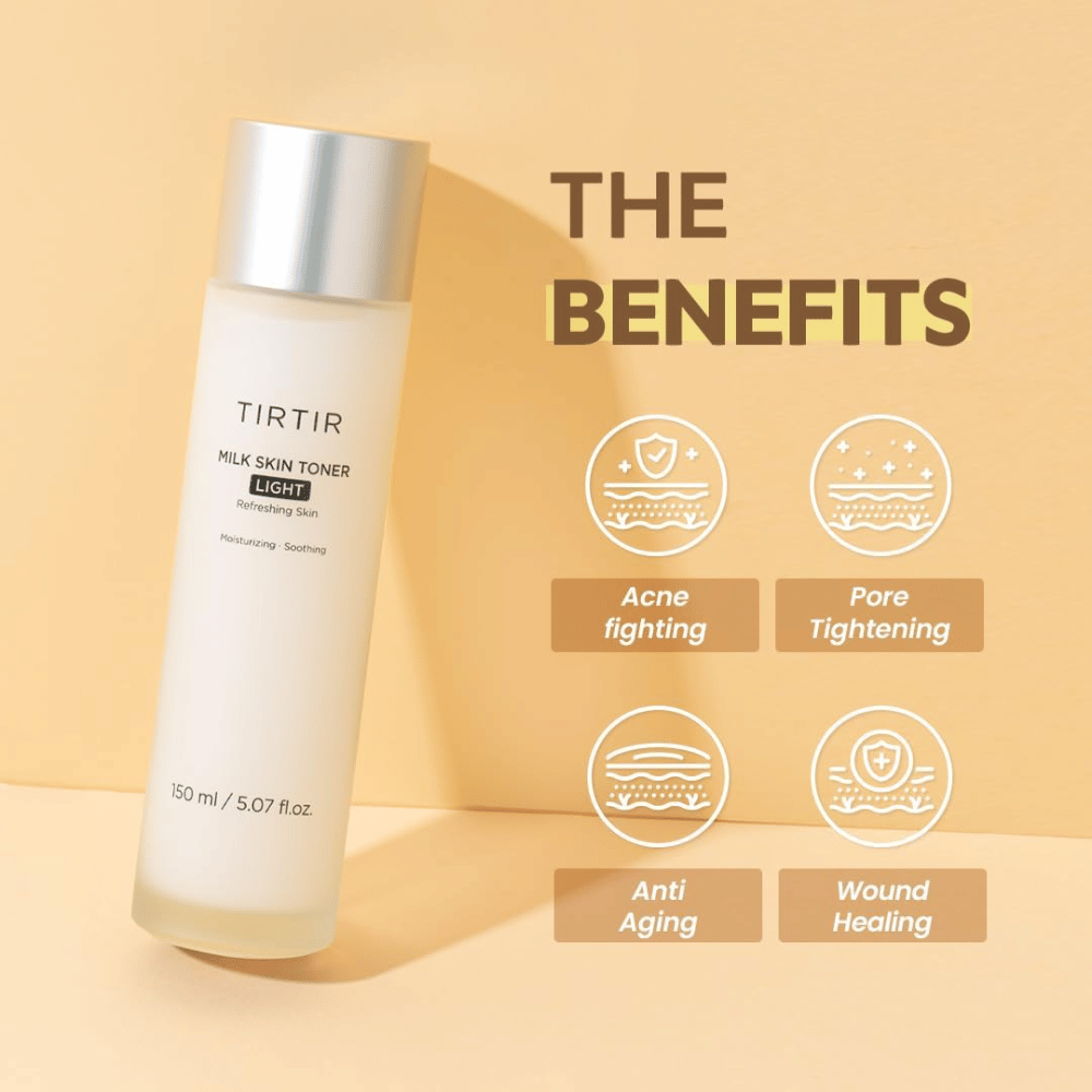 Product image of "TIRTIR Milk Skin Toner Light" on a yellow background with the text "THE BENEFITS". The bottle is presented with icons highlighting its features: fights acne, tightens pores, anti-aging, and heals wounds.