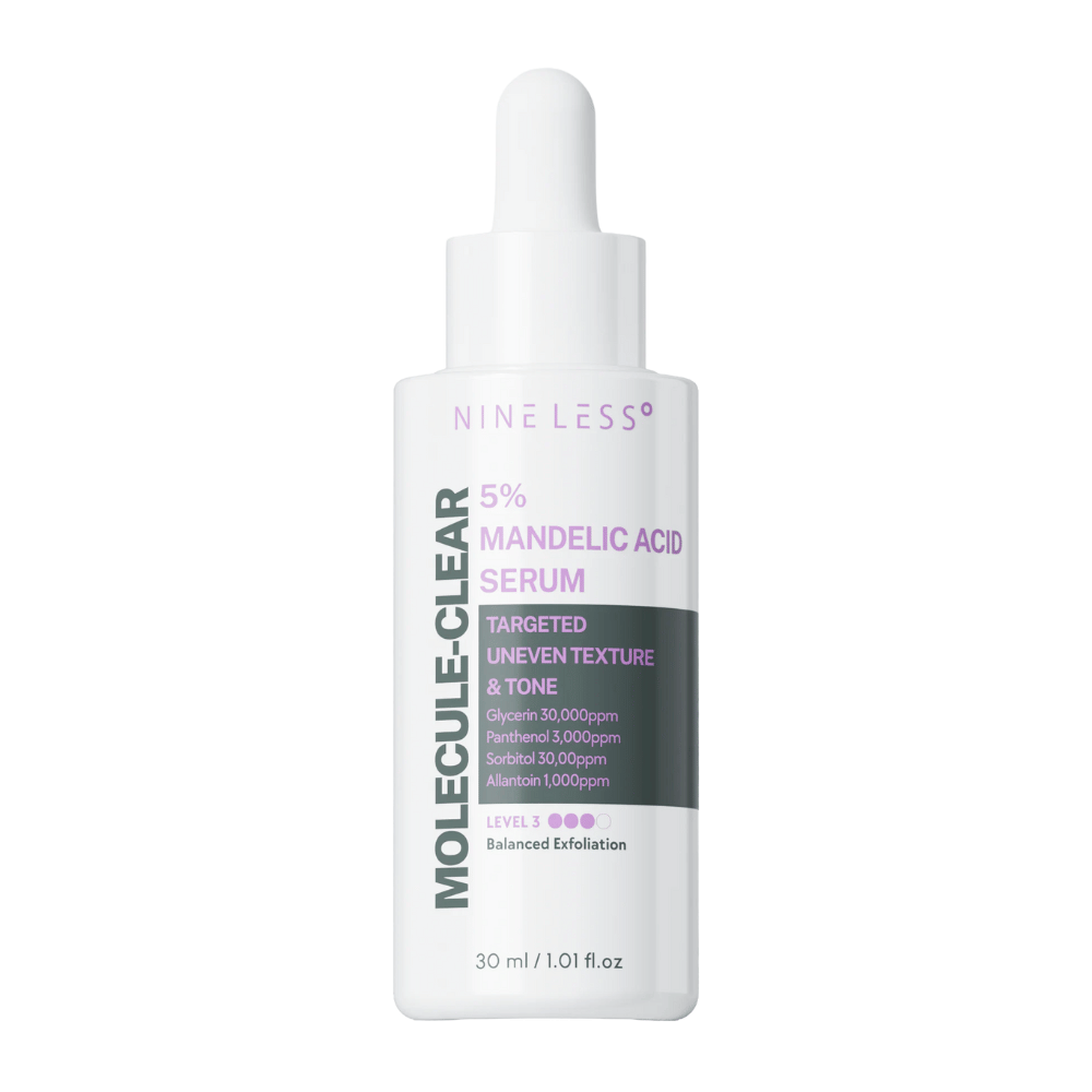 Nine Less Molecule-Clear 5% Mandelic Acid Serum in a white bottle with a pipette, formulated for sensitive skin and balanced exfoliation of uneven skin tone and texture.