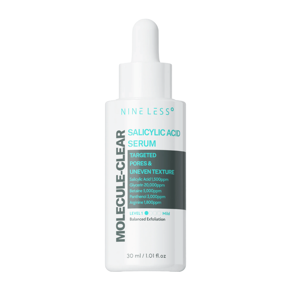 Nineless Molecule-Clear Salicylic Acid Serum 30 ml – exfoliating serum with BHA, glycerin, betaine, and panthenol to reduce pores, smooth skin texture, and provide hydration.