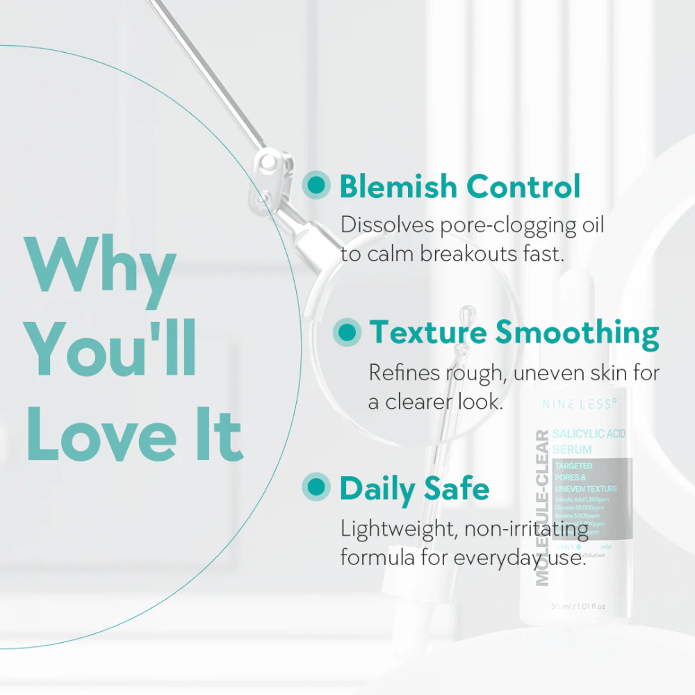 Benefits of Nineless Molecule-Clear Salicylic Acid Serum: controls acne by dissolving pores, smooths skin texture, and is safe for daily use.