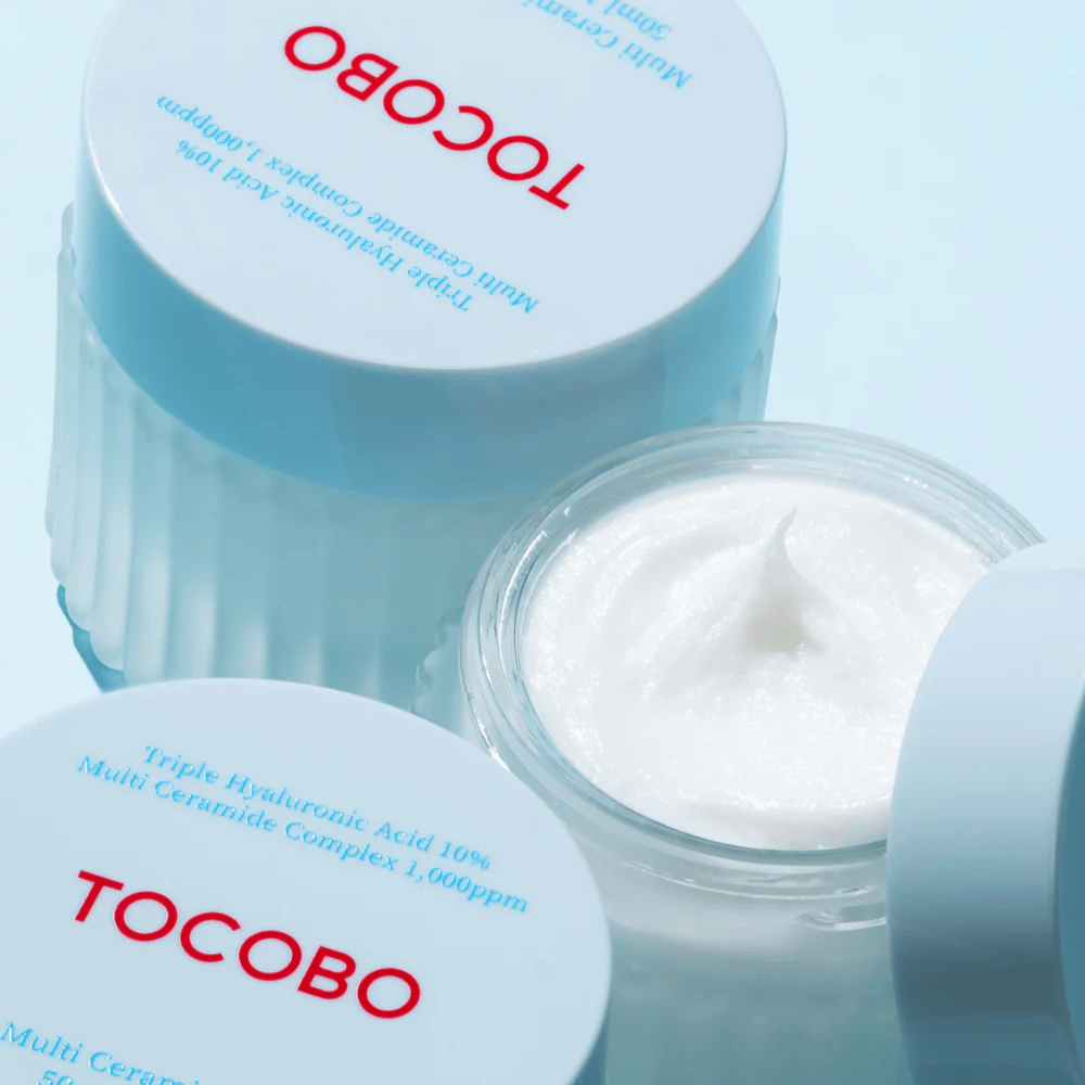 The image shows "Multi Ceramide Cream" from TOCOBO, which is a moisturizer with triple hyaluronic acid and a complex of multiple ceramides. The product is intended to intensely hydrate and strengthen the skin's barrier.
