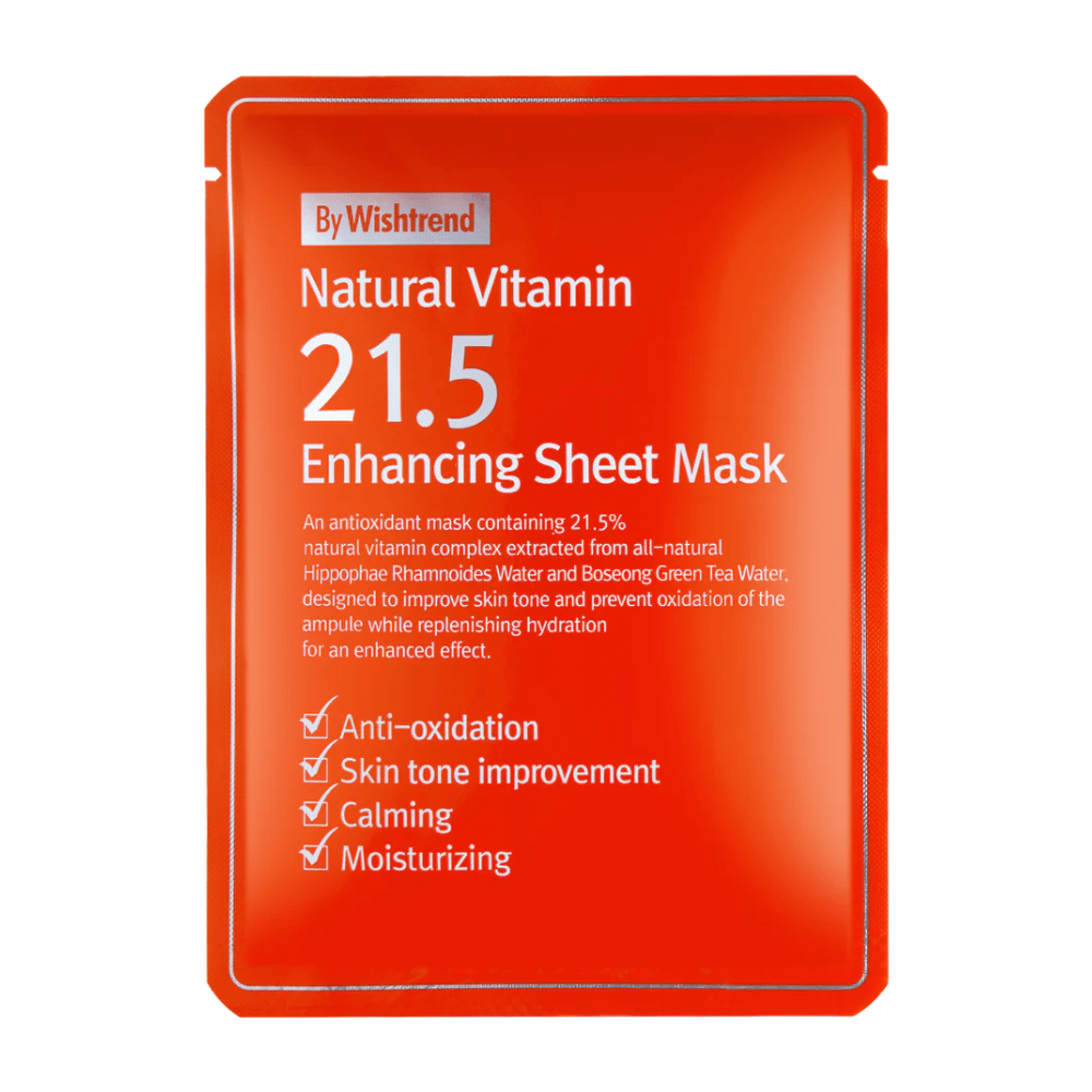 By Wishtrend Natural Vitamin 21.5% Enhancing Sheet mask in a red packaging with white text, highlighting its antioxidant and moisturizing properties.