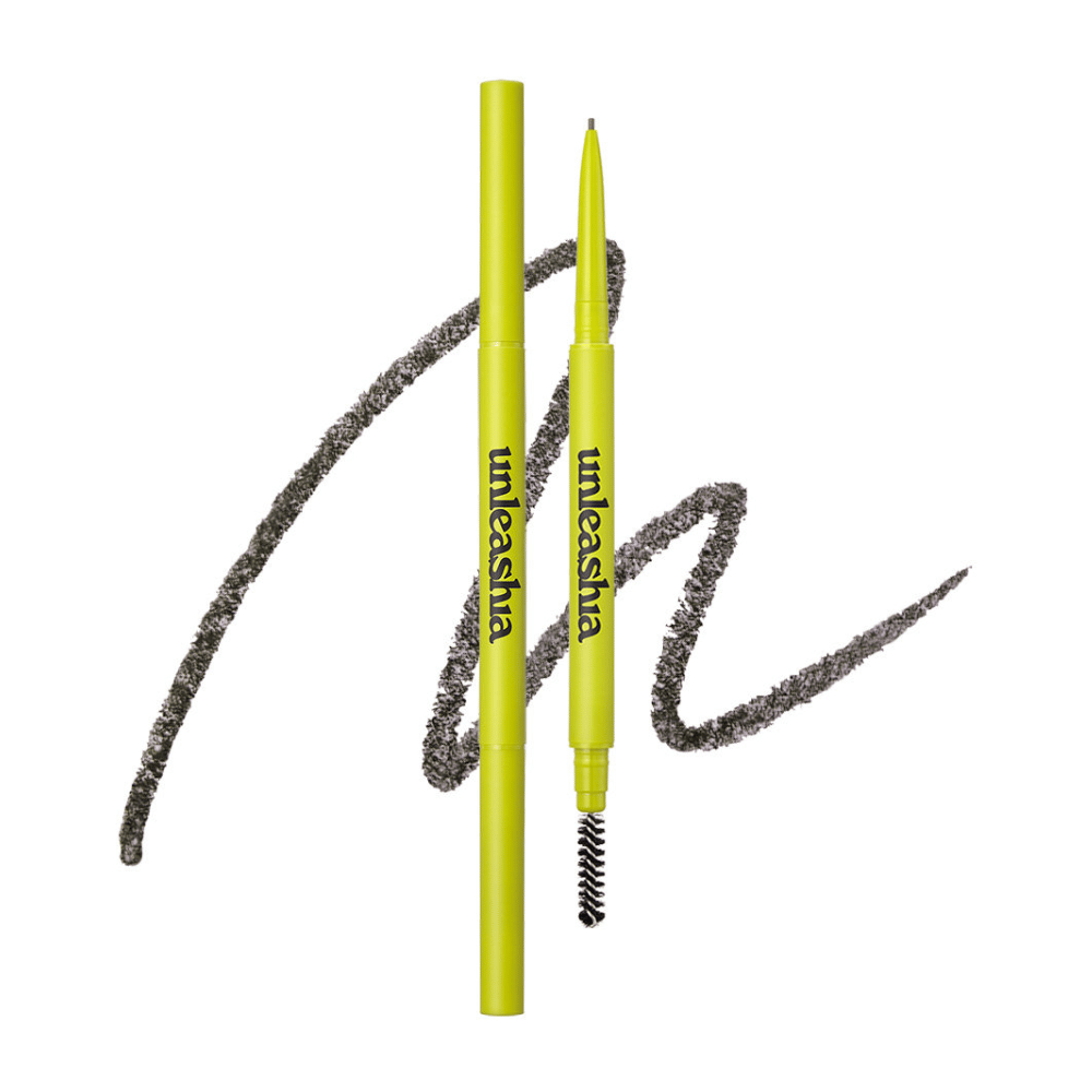 The image shows UNLEASHIA's eyebrow pencil in the color "N°3 Taupe Gray". The pencil has a fine tip for detail work and a brush to shape and soften the lines. The vibrant neon green color of the pencil contrasts with the subtle eyebrow color, providing a striking and trendy presentation.