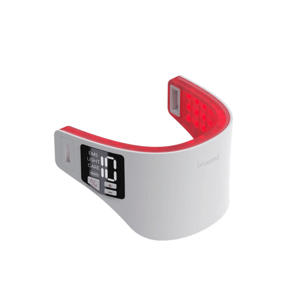 Beaund Neckcera with activated red LED light therapy. The red light points on the inside show the treatment area directed toward the skin of the neck.