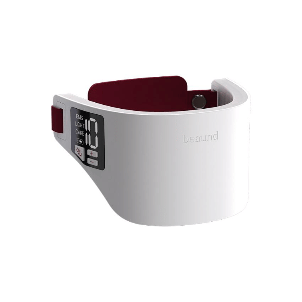 Beaund Neckcera with the adjustable strap attached. The image shows how the device is adjusted to sit securely around the neck during use.