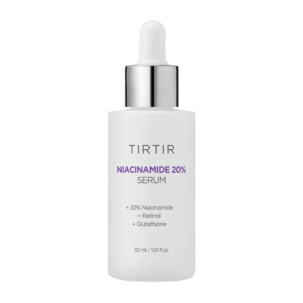 The bottle of Tirtirs "Niacinamide 20% Serum" stands on a white background. The serum contains 20% niacinamide, retinol, and glutathione, and is designed to improve skin texture and provide a more radiant complexion. The bottle's content is 30 ml.