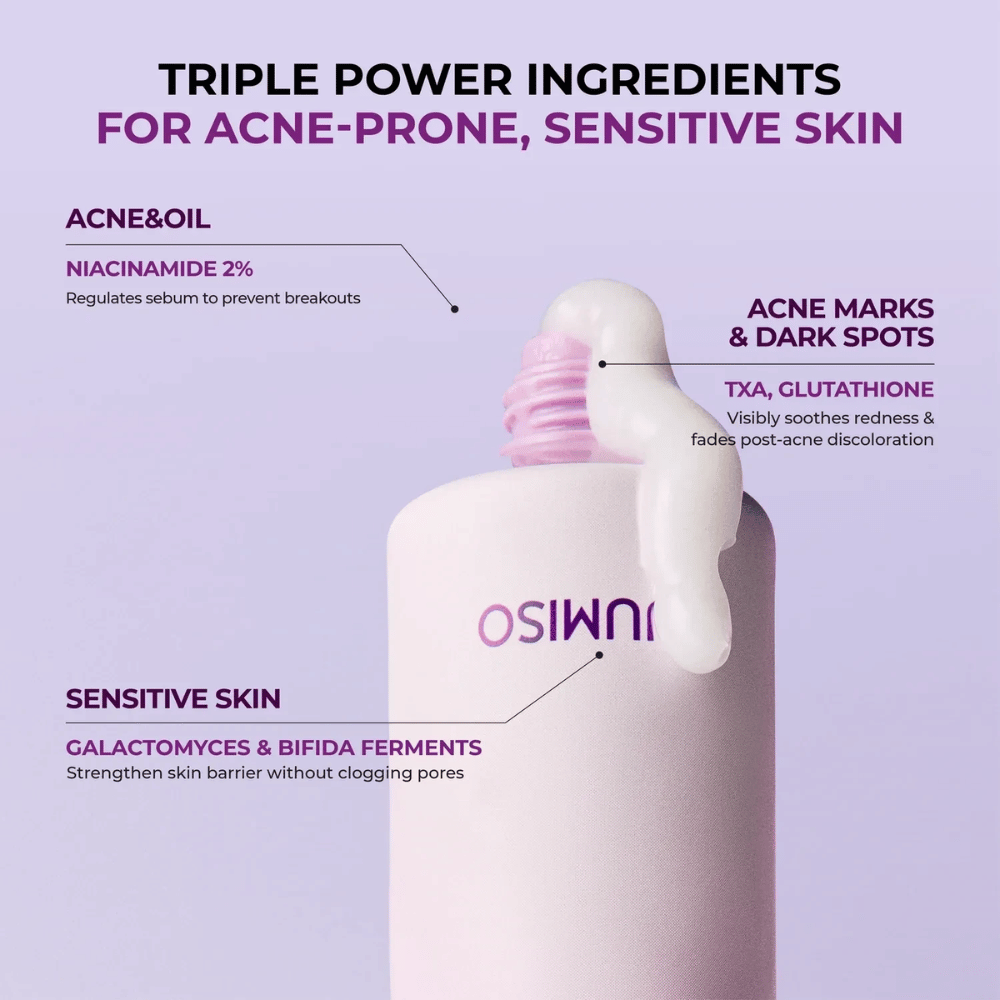 Infographic presenting the product's key ingredients and their functions. Niacinamide helps regulate sebum production, tranexamic acid and glutathione contribute to a more even skin tone, while galactomyces and bifida ferment strengthen the skin barrier.