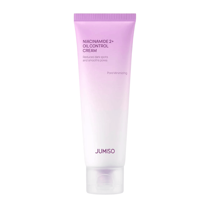 Product image of JUMISO Niacinamide 2+ Oil Control Cream on a light background. The pink and white tube highlights the product's focus on sebum control, pore minimization, and improved skin tone for oily and combination skin.