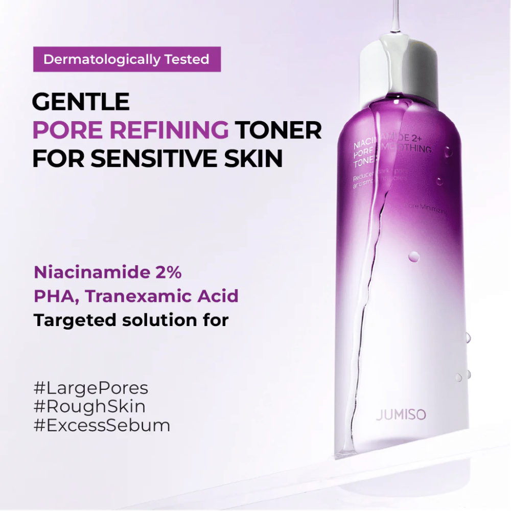 Marketing image of the toner with text stating that the product is dermatologically tested and adapted for sensitive skin. The focus is on pore refinement, sebum control, and exfoliation with niacinamide, PHA, and tranexamic acid.