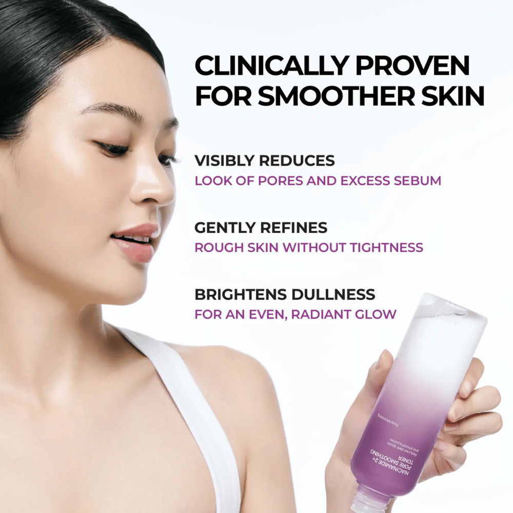Model holding JUMISO Niacinamide 2+ Pore Smoothing Toner next to the face. The image highlights the product's clinically proven ability to reduce visible pores, even out skin texture, and give the skin increased radiance.