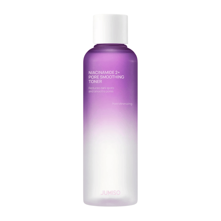 Product image of JUMISO Niacinamide 2+ Pore Smoothing Toner on a light background. The purple and white bottle highlights the product's focus on pore refinement, a more even skin tone, and reduced visibility of dark spots.