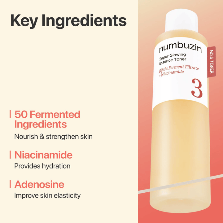 Numbuzin No.3 Toner contains 50 fermented ingredients, niacinamide, and adenosine that strengthen and hydrate the skin.