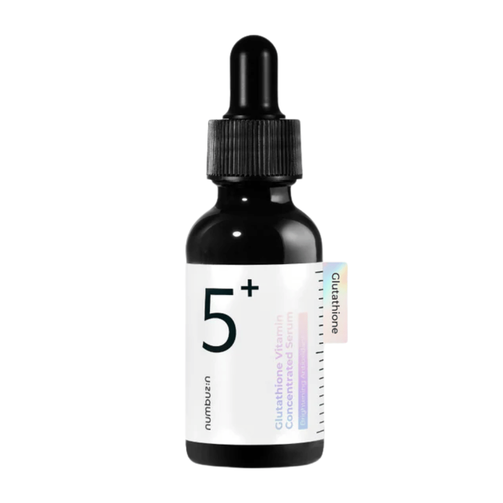 Product image of Numbuzin No.5+ Glutathione Vitamin Concentrated Serum in black glass bottle with dropper. For pigment-evening results.