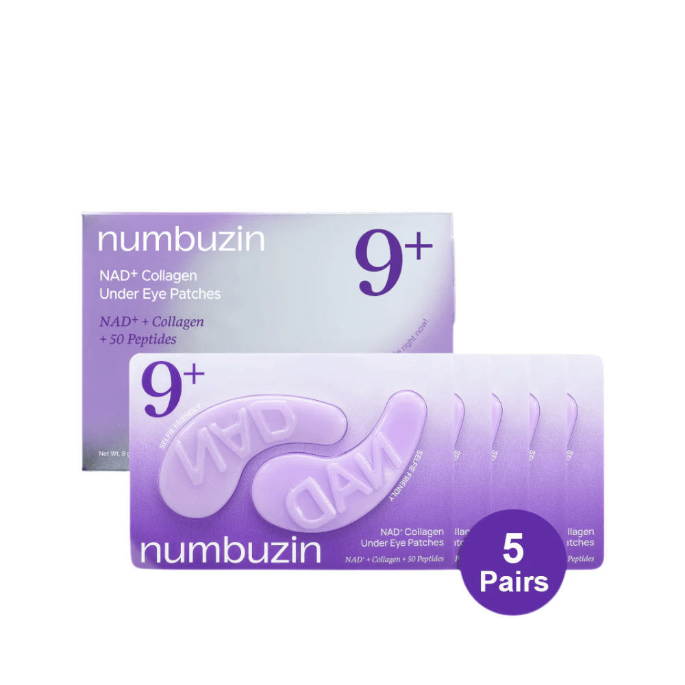 Packaging of numbuzen No.9 NAD+ Collagen Under Eye Patches – 5 pairs of collagen-rich pads with NAD+ and peptides.