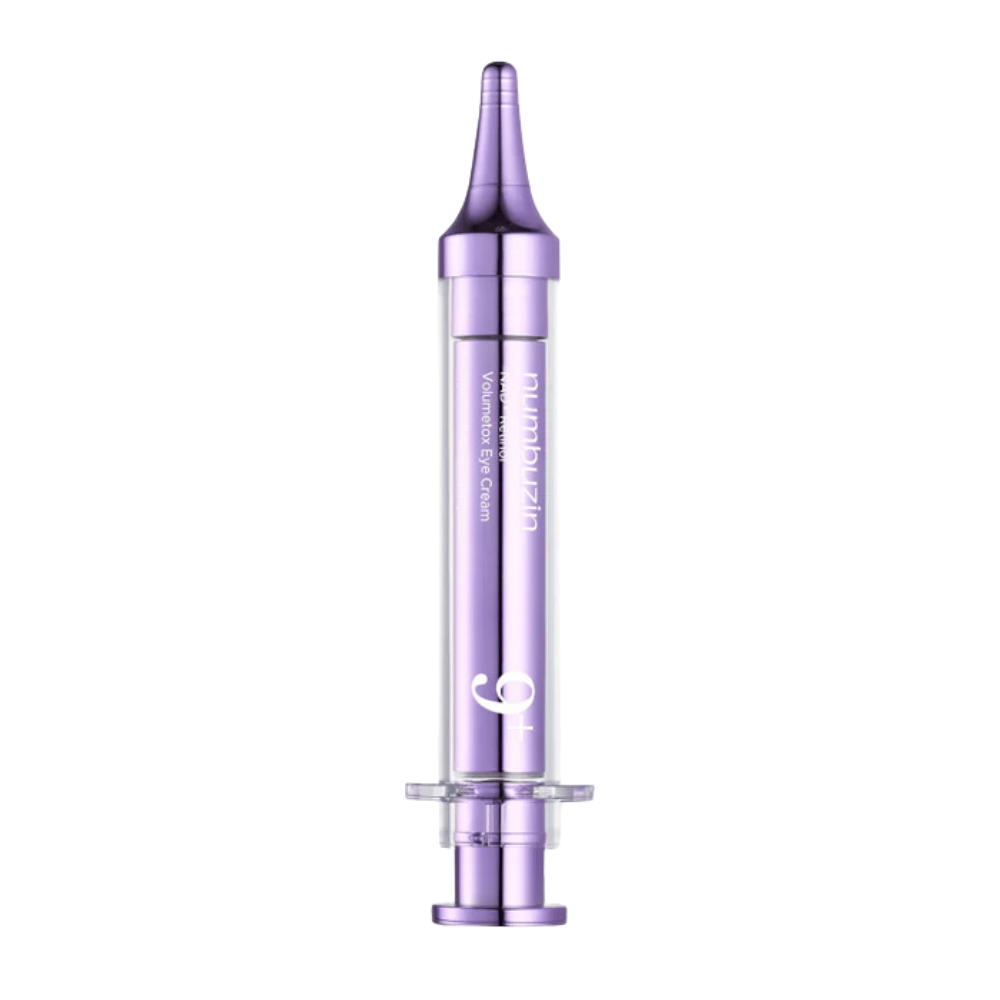 Product image of No.9 NAD+ Retinol Volumetox Eye Cream in purple pen packaging on a white background, a Korean eye cream with retinol and peptides for increased elasticity.