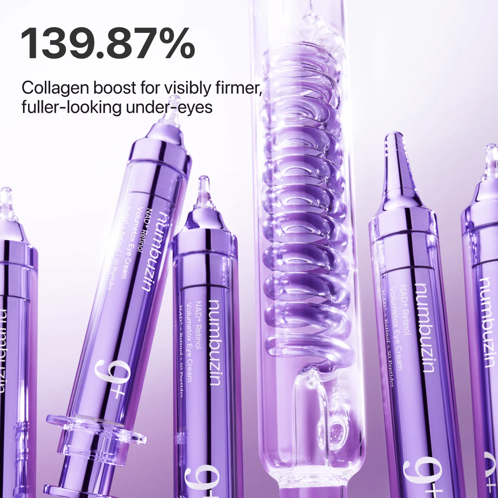 Illustration showing collagen boost from No.9 NAD+ Retinol Volumetox Eye Cream, designed for firmer and fuller skin under the eyes with visible results.