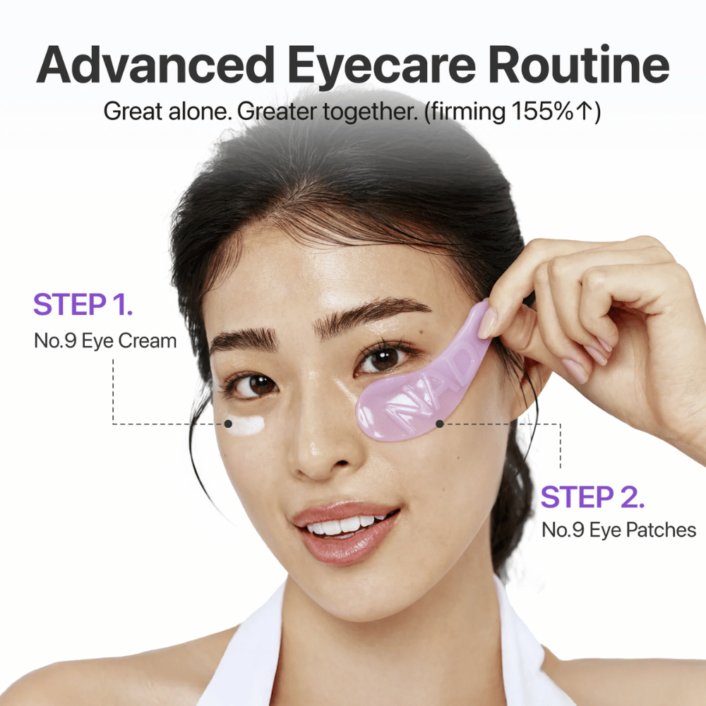 Application of numbuzen No.9 NAD+ Collagen Eye Patch step-by-step in an eye care routine for firmer and more refreshed skin.