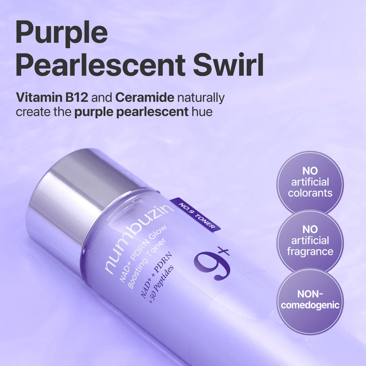 Närbild på Numbuzin No.9 Toner med text om ”Purple Pearlescent Swirl”. Innehåller vitamin B12 och ceramid, utan artificiella färgämnen eller dofter.