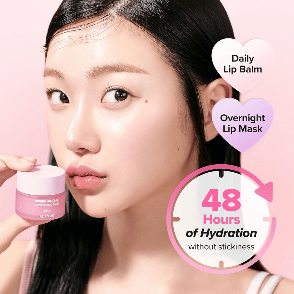 KLAVUU Nourishing Care Lip Sleeping Pack Berry and Coconut provide long-lasting hydration and care for soft, moisturized lips day and night.