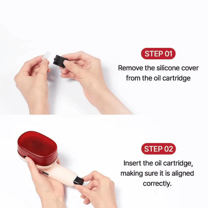 MOEV Oil Cartridges – step-by-step guide: remove the silicone cover and insert the oil cartridge correctly into the hair care device.