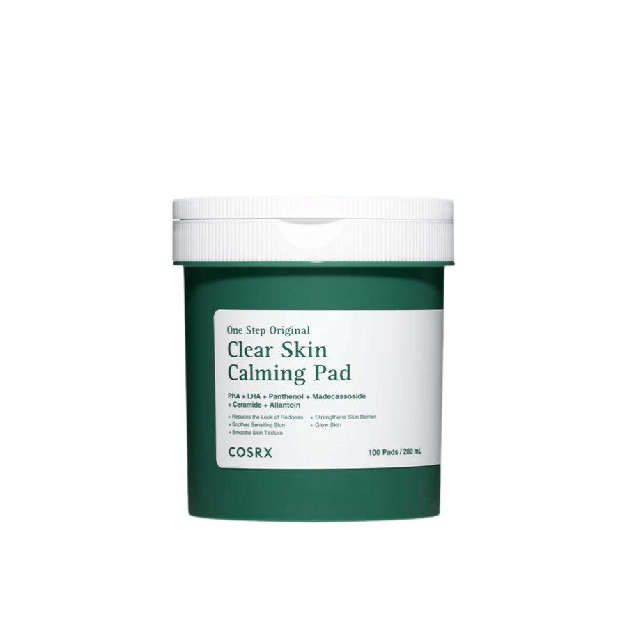 Cut-out product image of COSRX One Step Original Clear Skin Calming Pad in green packaging against a light background.