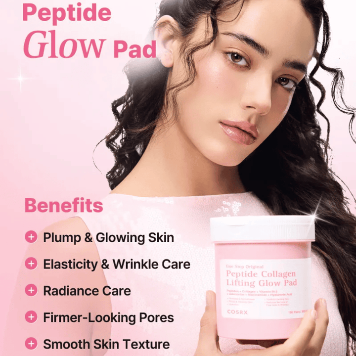 Model holding COSRX Peptide Collagen Lifting Glow Pad with focus on glow, firmness, skin elasticity, and improved skin texture.