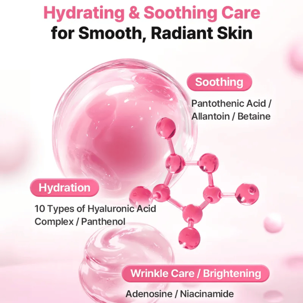 Illustrative ingredient image for COSRX Peptide Collagen Lifting Glow Pad focusing on hydration, soothing effect, and glow-enhancing ingredients such as hyaluronic acid, niacinamide, and panthenol.