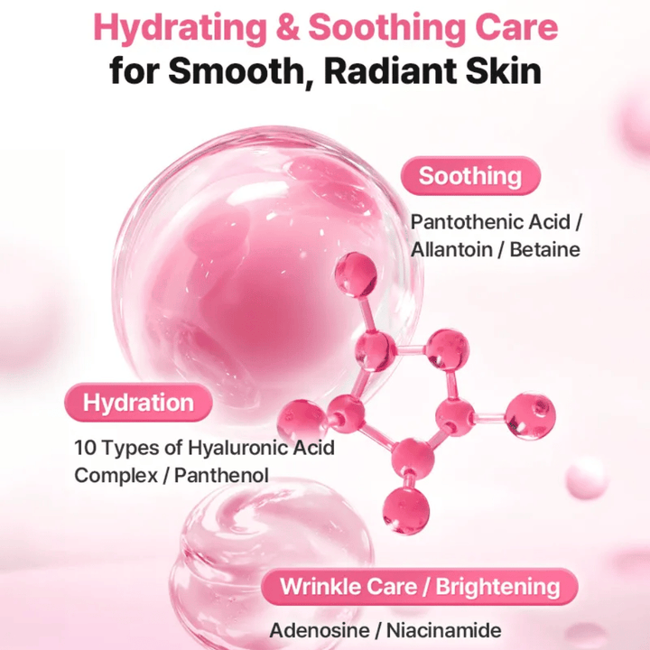 Illustrative ingredient image for COSRX Peptide Collagen Lifting Glow Pad focusing on hydration, soothing effect, and glow-enhancing ingredients such as hyaluronic acid, niacinamide, and panthenol.