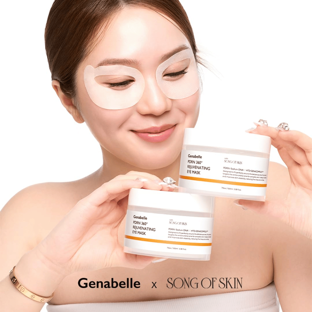 Genabelle PDRN 360° Rejuvenating Eye Mask applied around the entire eye area for hydration, increased elasticity, and a fresher look.