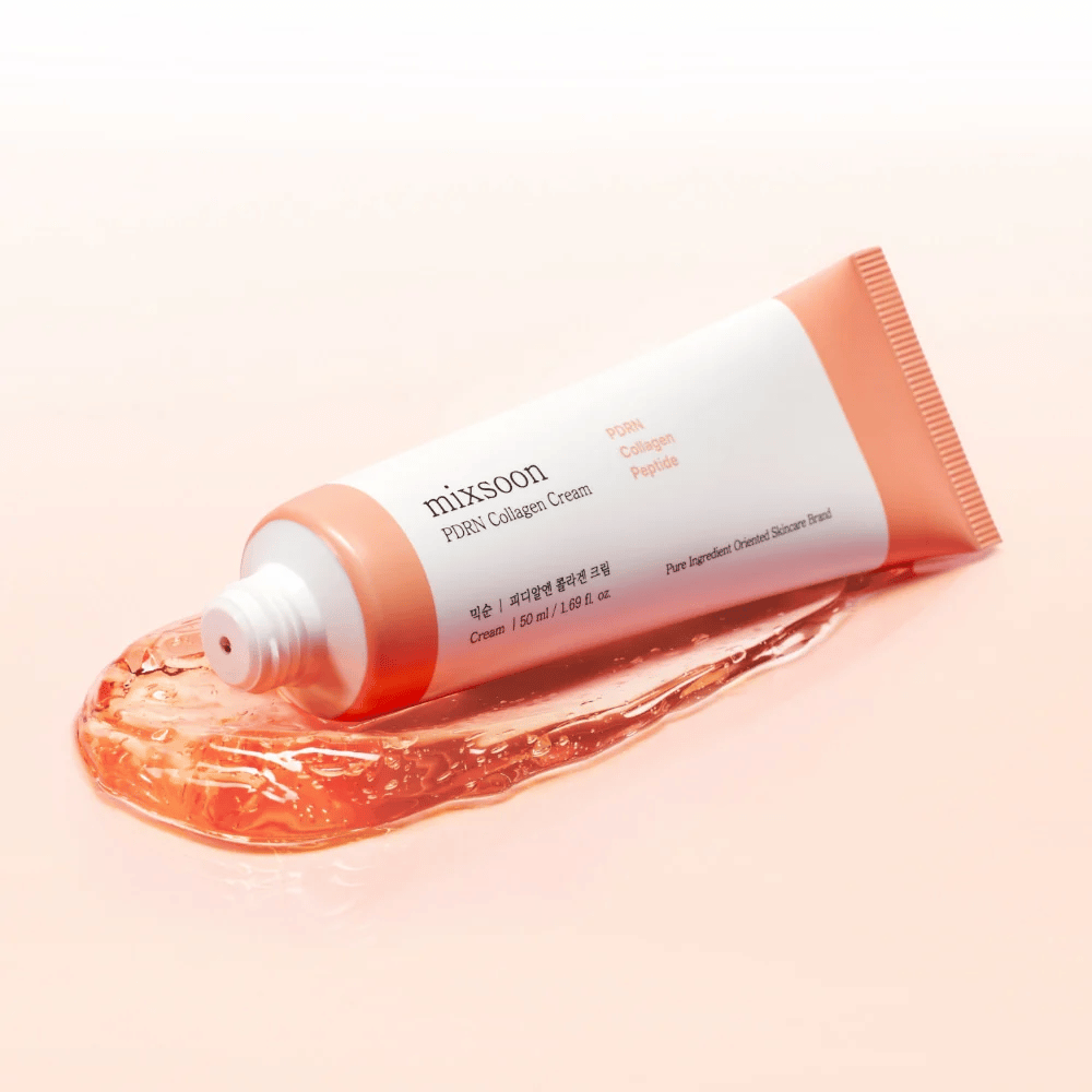 Mixsoon PDRN Collagen Cream on a soft toned background with transparent formula. The product provides intense moisture and improved skin texture.