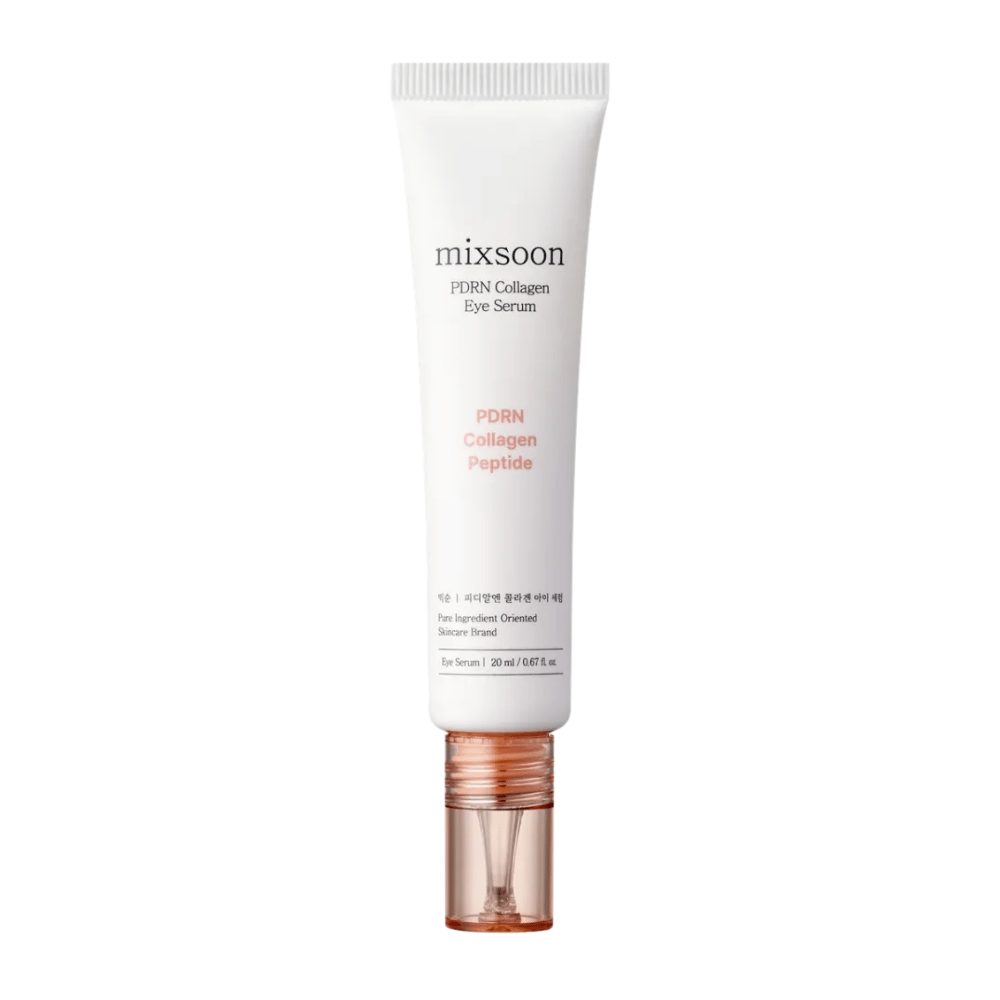 Mixsoon PDRN Collagen Eye Serum in white and peach-colored tube with transparent applicator. A moisturizing and firming eye serum, 20 ml.