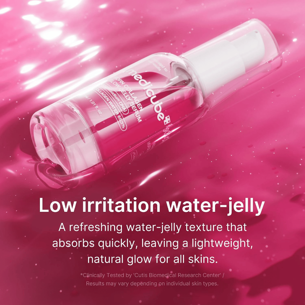 Medicube PDRN Collagen Glow Jelly Serum with a light water-gel texture that absorbs quickly and provides radiance