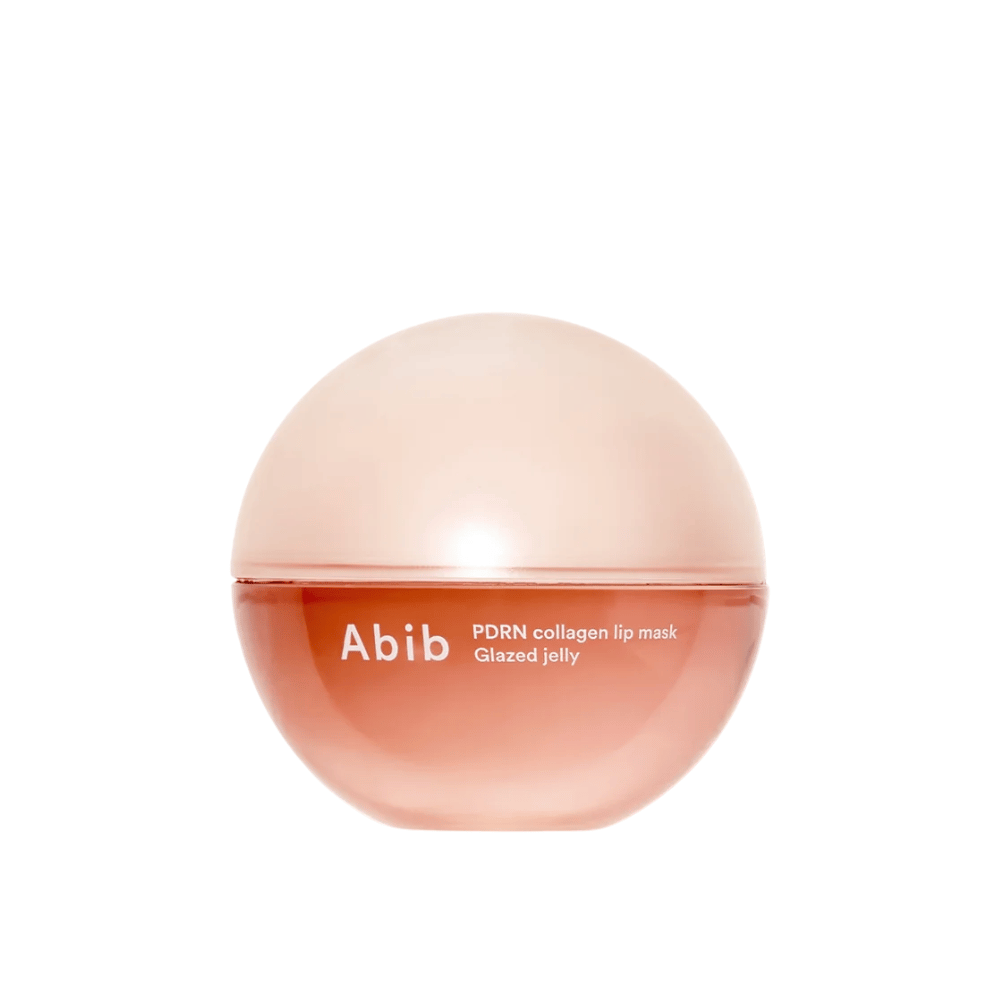 Pink round jar with the text "Abib PDRN Collagen Lip Mask Glazed Jelly" on the front, photographed against a white background.